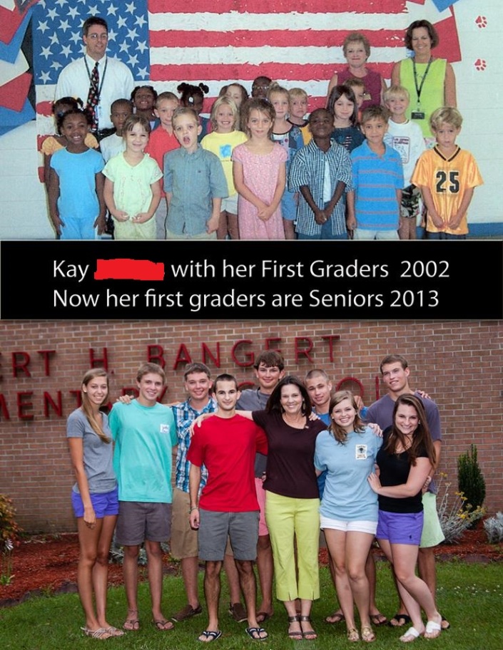 Class photo of 2002 compared to 2013. Same kids. Some have dropped out... 